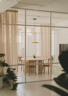 an office with large glass walls and plants in the foreground, on one side of the room