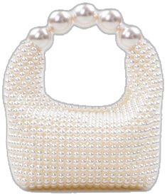 a white handbag with pearls on the front and bottom, it is made out of plastic