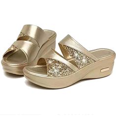 Us Women Size : 8 (39) Origin Imported Sole Material Synthetic Rubber Outer Material Sequins And Leather Closure Type Slip On Country Of Origin China About This Item These Wedge Sandals Feature Ornate Sequins-Detailed Straps And Are Finished With An Eva Cushioned Footbed For Superior Comfort. Women Platform Sandals Feature A Wedge Heel, The 2-Inch Platform Height Is Very Comfortable. Heels Slipper Sandals Was A Nice Surprise To Find Some Height, But Also Comfort. These Are Easy To Wear And With High Heel Sandals With Glitter Accents For Summer, Summer High Heel Sandals With Glitter Accents, Gold Sandals With Glitter Accents For Summer, Summer Open Toe Heels With Glitter Accents, Glitter Wedge Sandals For Party With Round Toe, Spring Sandals With Glitter Accents, Summer Glitter Open Toe Wedge Sandals, Open Toe Glitter Wedge Sandals For Spring, Glitter Open Toe Wedge Sandals For Spring