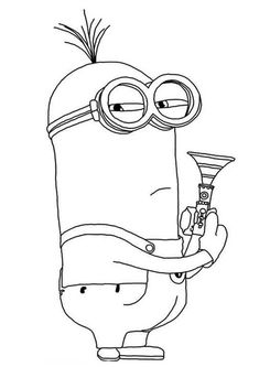 a black and white drawing of a minion holding a wine glass in his hand