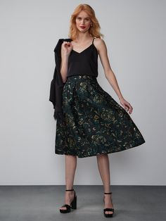 Floral Brocade A-line Skirt | NY&Co Green Midi Pleated Skirt For Party, Flowy A-line Skirt For Night Out, Night Out Midi Gathered Skirt, Green Midi Skirt For Night Out, Chic Voluminous Green Skirt, Green Relaxed Fit Skirt For Night Out, Green Midi Skirt For Evening, Relaxed Lined Skirt For Night Out, Relaxed Fit Lined Skirt For Night Out