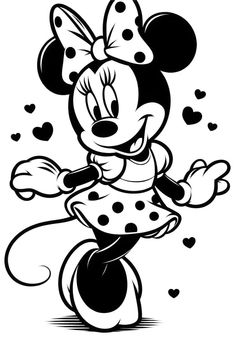 minnie mouse with hearts on her head and arms in the air, black and white