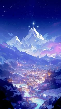 an animated cityscape with mountains and stars in the night sky, as seen from above