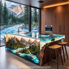 a kitchen with an island in the middle and mountains on the counter top, as well as two bar stools