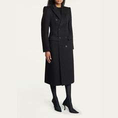 Balenciaga hourglass coat Peak lapels; double-breast Long sleeves; button cuffs Chest welt pocket; hip flap pockets Mid length Wool/cupro/cotton Made in Italy Formal Structured Wool Coat With Double-breasted Buttons, Designer Wool Coat With Double Button Closure For Work, Designer Double-breasted Wool Coat For Work, Designer Formal Wool Coat With Double Button, Designer Double-breasted Wool Coat For Formal Occasions, Designer Wool Coat With Double Button Closure For Office, Designer Wool Coat With Double Button For Office, Designer Wool Coat With Hidden Button Closure For Office, Chic Formal Wool Coat With Double-breasted Buttons