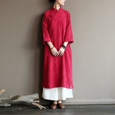 Autumn Loose Literary Vintage Linen Maxi Dress Long Sleeve Dress One Size Red Qi Pao, Linen Robe, Chain Dress, Maxi Dresses Fall, Dress Sleeve Length, 3 Women, Qipao Dress, Fashion Cap, Chinese Patterns