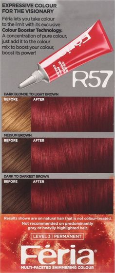 Feria by L'Oreal Paris gives you cutting-edge, multi-faceted, shimmering color that never wrecks or ravages. L'Oreal Paris Feria Shimmering Permanent Hair Color, R57 Cherry Crush (Intense Medium Auburn), 1 kit; Feria by L'Oréal Paris gives you cutting-edge, multi-faceted, shimmering color for vibrant, healthy-looking hair Feria's Bonding Care Complex Conditioner helps repair hair's strength; Helps protect fragile hair bonds Delivers trendy, edgy, shimmering, fashionable and multi-tonal hair colo Cherry Red Hair Dye, Bright Red Hair Color, Bright Red Highlights, Exotic Hair Color, Exotic Hair, Cherry Red Hair, Cherry Crush, Dyed Red Hair, Bright Red Hair