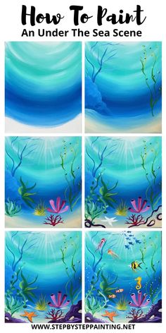 how to paint an under the sea scene with blue water and corals in it