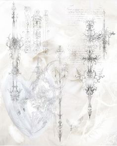 an artistic background with many different designs and lines on the wall, including chandeliers