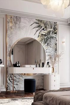 an image of a bathroom setting with palm trees on the wall and mirror above it