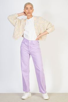 Shop For Purple Wide Leg Jeans At Glassworks London. Free Uk Shipping For Orders Over £75. Buy Now Pay Later With Klarna. | Fit: True To Size | Care: Gentle Wash Cold And Dry In Shade | Lining: None | Stretch: None | Thickness: Thin | Sheerness: None | Materials: 100% Cotton | Measurements: 1. Waist: 36cm, 2. Front Rise: 30.5cm, 3. Length: 100cm Lilac Jeans Outfit, Lavender Jeans Outfit, Purple Wide Leg Jeans, Purple Jeans Outfit, Lilac Outfits, Purple Wide Leg, Lavender Jeans, Purple Bottom, Purple Jeans