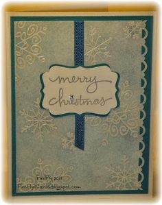 a merry christmas card with snowflakes on the edges and a blue ribbon around it