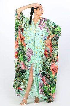 Green Printed V-neck Kaftan, Green V-neck Printed Kaftan, Spring Floral Print V-neck Kaftan, Green Floral Print Maxi Kaftan, Green Flowy V-neck Kimono, Green Floral Print Tunic Kaftan, Floor-length Kaftan For Spring Vacation, Green V-neck Kaftan With Vibrant Print, Floor-length Spring Vacation Kaftan