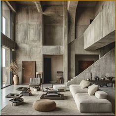 a living room filled with lots of furniture and walls covered in concrete blocks, along with a staircase leading up to the second floor