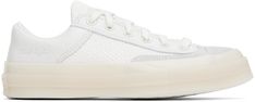 Low-top paneled suede, grained leather, and mesh sneakers in white. · Lace-up closure · Logo patch at tongue · Padded collar · Logo embossed at outer side · Cushioned CX foam footbed · Mesh lining · Rubberized logo patch at heel · Treaded rubber sole Supplier color: Vintage white/Fossilized Sporty Leather Converse Sneakers, Converse Leather Sneakers With Gum Sole, Converse Sneakers With Perforated Toe Box For Sports, Converse Low-top Sneakers With Rubber Waffle Outsoles, Converse White Sneakers With Textured Sole, Converse Sneakers With Textured Sole And Lace-up, White Converse Sneakers With Textured Sole, Converse Sporty High-top Sneakers With Perforated Toe Box, Converse Leather Low-top Sneakers