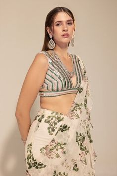 Ivory botanical printed ruffle pre-stitched saree with sequins, stones and beaded embroidered borders. Comes with a padded blouse. - Aza Fashions Ruffle Sarees, Stitched Saree, Ruffle Saree, Padded Blouse, Drape Saree, Saree With Blouse, Printed Sarees, Aza Fashion, Botanical Prints