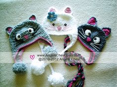 three crocheted hats with cats on them