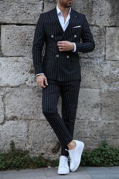 Designer Striped Black Coat Pant Outfit Gentleman Style Men Double Breasted Bespoke Suits And Formal Fit Suits Men Prom Party Wear by smartfashions on Etsy Double-breasted Groom Tuxedo, Black Tailored Double Breasted Suit, Fitted Pinstripe Sets, Black Coat Pant, Trendy Shoes For Men, Gentleman Mode, Stylish Mens Suits, Black And White Suit, Blazer Outfits Men