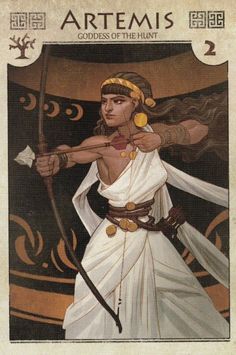 a card with an image of a woman holding a bow and arrow in her hand