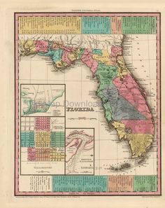 an old map of florida with all the major cities and towns on it's sides