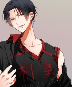 an anime character with black hair and red accents, holding his hands on his chest