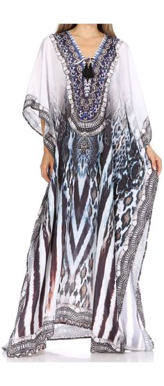 Sakkas  Georgettina Flowy  Rhinestone V Neck Long Caftan Dress / Cover Up#color_17194-BlueMulti Long Caftan Dress, Ladies Caftan, Type One, Swimwear Dress, Caftan Dress, Tall Girl, Dress Cover, Color Matching, Cold Water