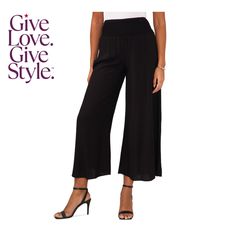 in stock Chic Relaxed Fit Bottoms With Banded Waist, Chic Elastic Bottoms In Solid Color, Gathered Waist Wide Leg Bottoms, Chic High Waist Elastic Pants, Chic Black Pants With Wide Waistband, Chic Spring Pants With Elastic Fit, Spring Black Pants With Wide Waistband, Spring Pants With Wide Waistband In Black, Chic Elastic Pants For Spring