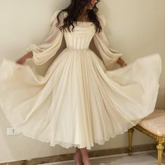 Beige Short Midi Evening Dress with Belt Long Sleeves Tea Length Women Formal Wedding Party Gowns – DreamyVow Long White Dress Formal Gowns, Party Long Sleeve Dress, Long Sleeve Tulle Midi Dress, Cute Dress For Graduation, Autumn Evening Dress, Formal Dresses Long Classy, Long Sleeve Dresses For Wedding And Prom Season, Floor-length Cream Evening Dress For Banquet, Floor-length Cream Dress For Banquet