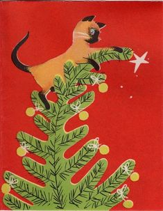 a card with a cat on top of a christmas tree