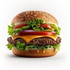 a hamburger with lettuce, tomato and cheese