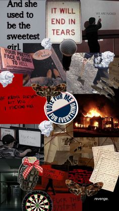 a collage of photos with words and pictures on them that include darts, signs, fire