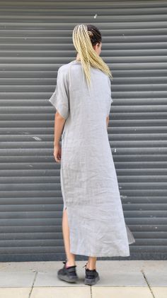 "Linen Maxi Dress, Linen Shirt Dress, Gray Linen Dress SUMMER maxi shirt- dress. White summer 100% linen dress, tunic, long shirt. Casual new fashion trend. Long daywear dress. Comfortable and unique. LINEN shirt with pockets and short sleeves. long dress. The style I used was originally designed and professionally constructed by me. Each item of my shop has a special package. Handmade in a pet-free and smoke- free environment. Available in all sizes XS,S,M,L,XL,XXL,3XL, 4XL, 5XL. Model wearing Long Maxi Dress With Pockets For Beach, Beach-ready Long Maxi Dress With Pockets, Long Beach Maxi Dress With Pockets, Plain Maxi Dress For Beach, Short Sleeve Maxi Dress With Side Slits For Daywear, Gray Long Summer Dress, Plain Relaxed Fit Beach Dress, Beach Plain Relaxed Fit Dress, Beach Relaxed Fit Plain Dress