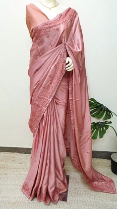 Butter crepe sarees with fancy embroidery  Softy n silky tojuch  Pastel shades  With blouse .. Silk Blouse Piece For Reception At Eid, Eid Reception Silk Blouse Piece, Semi-stitched Silk Blouse Piece With Dabka Work, Silk Blouse Piece For Eid Reception, Semi-stitched Satin Blouse Piece With Resham Embroidery, Pre-draped Satin Saree With Pallu, Satin Pre-draped Saree With Pallu, Elegant Unstitched Embroidered Blouse Fabric In Georgette, Elegant Unstitched Embroidered Georgette Blouse Fabric