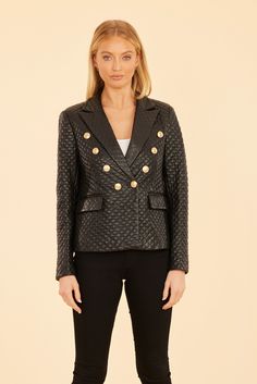 Our Quilted Faux Leather Double-Breasted Blazer is perfect for staying comfortably warm without sacrificing style during those chilly autumn days. A must-have staple for your seasonal wardrobe, this striking blazer features a classic double-breasted design accentuated with metallic buttons, as well as a flattering tailored fit. The quilted faux leather material adds texture and warmth, making it an ideal layering piece for both professional and casual settings. Faux leather Quilted design Double Fur Top, Linen Gauze, Seasonal Wardrobe, Iconic Dresses, Autumn Days, Wrap Cardigan, Breasted Blazer, Double Breasted Blazer, Fall Shopping