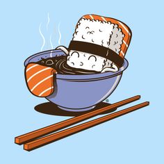 sushi in a bowl with chopsticks next to it on a blue background