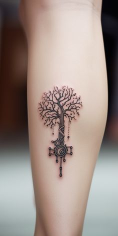 A tattoo design of a tree, its structure and foliage artistically represented by interlocking gears, highlighting the blend of industry and nature. Tree Tattoo Aesthetic, Industrial Age, Tattoo Aesthetic