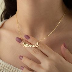 "14K Gold Name Necklaces, Script Name Necklaces, Heart and Name Necklace, Name Necklace With Heart, Christmas Gift, Gift for Her Personalized Handmade Silver Jewelry crafted with love from solid sterling silver in TEXAS.  DETAILS 100% 14k Gold Plated, Sterling Silver, or Rose Gold Plated and 8k , 14k, Solid gold  The necklace can be personalized with NAME, NUMBER, WORD Name size - lowercase letters are approximately 6 mm and uppercase letters are approximately 8 mm PERSONALIZATION See font sample at last image AT CHECK OUT Leave a note at \"Note to seller\" with NAME/WORD that you'd to have on the necklace, please specify the lowercase or uppercase letters. The necklace will say exactly the same as your note. ► PROCESSING & SHIPPING ♥ All items purchased will be shipped within 3-5 business Mom Jewelry Personalized, Necklaces Heart, Necklace With Heart, Handmade Silver Jewelry, Heart Christmas, Necklace Name, Name Necklaces, Gems Bracelet, Gold Name Necklace