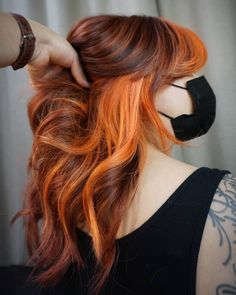 Fall Bright Hair Color, Red Hair With Orange Underneath, Bright Red And Copper Hair, Red Hair With Pops Of Color, Brown Hair With Orange Streaks, Fall Hair Colors Orange, Spicy Auburn Hair Color, Peekaboo Hair Color Redhead, Auburn Color Block Hair