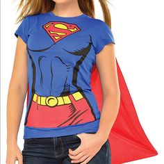 Supergirl Shirt With Cape. Brand New With Tags Fitted Blue T-shirt With Character Print, Fitted Blue Character Print T-shirt, Blue Short Sleeve Superhero Tops, Blue Superhero Short Sleeve Top, Fitted Blue Fun T-shirt, Blue Fitted Fun T-shirt, Fun Fitted Blue T-shirt, Blue Crew Neck Tops In Pop Culture Style, Blue Crew Neck Top With Pop Culture Style