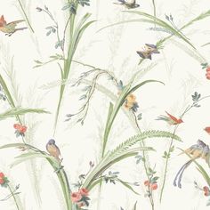 birds and flowers on a white background with green stems, red berries, and long grass