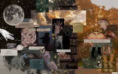 collage of images with hands, trees and moon in the night sky above them