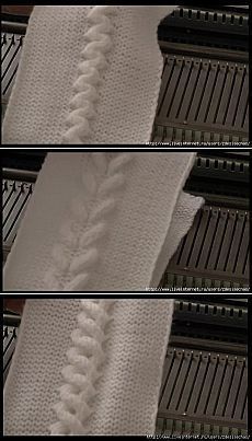 four pictures of white knitted fabric being sewn together with the same stitch on each side