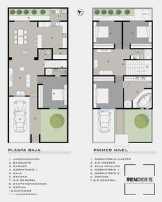 two story house plans with garage and living room in the middle, from top to bottom