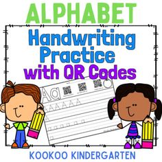 an alphabet handwriting practice with qr code and two children holding pencils in their hands