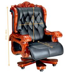 a black leather office chair with wood trimming