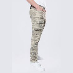 Details Fit: Slim 34 Color: Khaki Camo Material: 97% Cotton / 3% Spandex Style: JP24539EC Fitted Khaki Pants With Multiple Pockets, Fitted Camouflage Military Pants, Fitted Utility Cargo Pants With Five Pockets, Fitted Camouflage Cargo Pants For Streetwear, Fitted Camouflage Jeans Casual Style, Fitted Camouflage Bottoms With Cargo Pockets, Military Style Fitted Bottoms With Side Pockets, Fitted Camouflage Cotton Jeans, Fitted Military Style Bottoms With Side Pockets