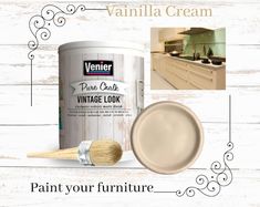 a paint can and brush sitting on top of a white wooden floor with the words paint your furniture written below it