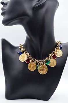 Vintage Faux Gemstones and Coins Charms Gold tone metal Necklace   .Gorgeous Timeless  Jewellery . The measurement is 47cm and 56 gm weight. In a good condition .  A beautiful quality timeless necklace for your jewellery collection . As this is a pre-owned vintage item, please take a close look at the photos as they are part of the description.  If you are unhappy with your purchase, please contact us so I can resolve things for you :) NOTES TO OVERSEAS CLIENTS: International customers are respo Timeless Jewellery, Timeless Necklace, Gold Coin Necklace, Metal Necklace, Timeless Jewelry, Coin Necklace, Gold Coins, Metal Necklaces, Jewellery Collection