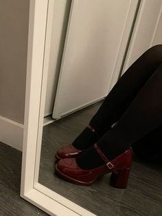 Mary Janes Shoes Aesthetic, Maroon Mary Janes, Marie Jane Shoes Outfit, Burgundy Shoes Outfit Women, Mary Janes Heels Outfit, Maroon Heels Outfit, Burgundy Mary Janes, Burgundy Mary Janes Outfit, Cherry Red Heels