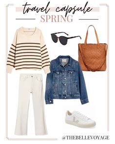 Create all of your spring travel outfits from this spring travel capsule wardrobe! Wherever you are traveling in March, April, and May, this spring packing list has all of the essential clothing pieces you need to create a ton of different spring travel looks. If you're looking for spring travel outfit inspiration, this capsule collection has the perfect combination of casual and dressy travel outfits for your next trip. #spring #travel #outfit #packing Spring Packing Outfits, Spring Getaway Outfits, Spring Weekend Packing List, Portugal In March Outfits, 4 Day Trip Packing List Spring, Spain Packing List Spring, 7 Day Trip Packing List Spring, Portable Spring Travel Bag, Spring Travel Capsule Wardrobe 2024